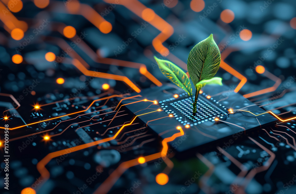 A glowing plant growing on a computer circuit board symbolizes green ...