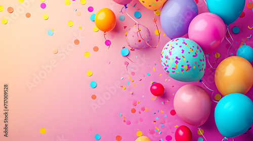 Colorful Balloons and Confetti on Pink Background