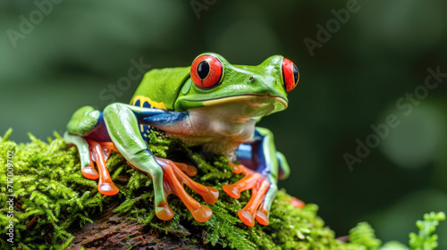 Red-eyed Tree Frog Perching on a Branch in a Rainforest © romanets_v