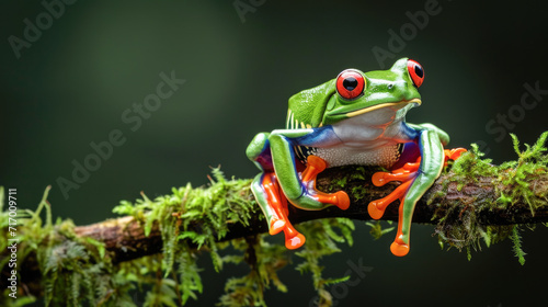 Red-eyed Tree Frog Perching on a Branch in a Rainforest © romanets_v