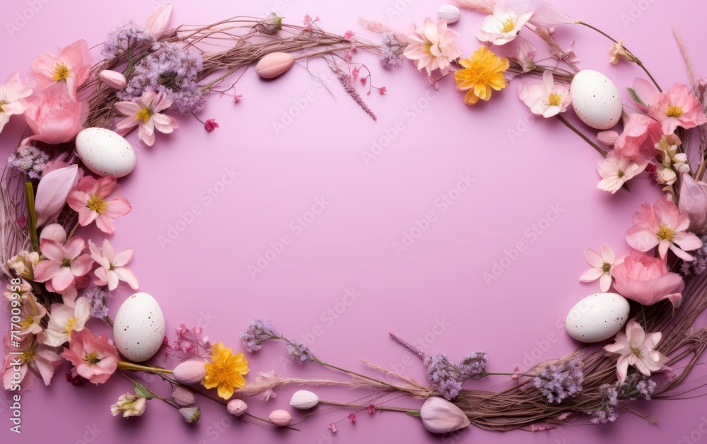 Easter eggs, nests and flowers background Easter eggs, nests and flowers background