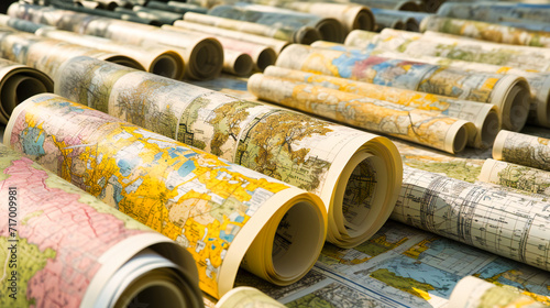World of Print Media: Stacked Newspapers and Rolled Architectural Blueprints