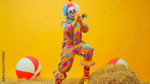 Colorful Clown Playing Trumpet with Beach Balls and Hay