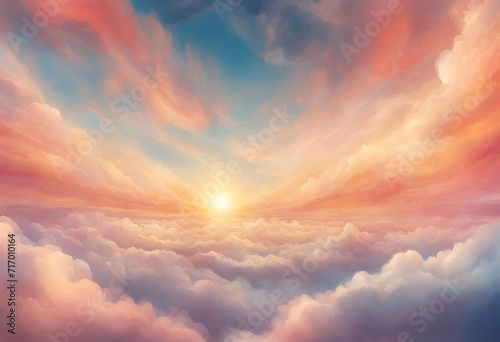 Ethereal Horizon: Abstract Illustration of a Heavenly Sky at Sunset Above the Clouds in an Extra Wide Format, Conveying a Concept of Hope, Divinity, and the Heavens