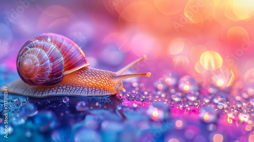 Macro shot a snail, in bright colors with water drops, extreme close-up