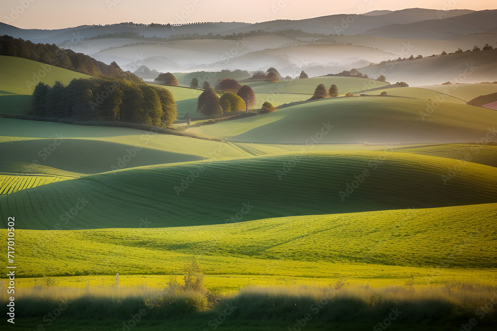 A peaceful countryside with rolling hills and farmland