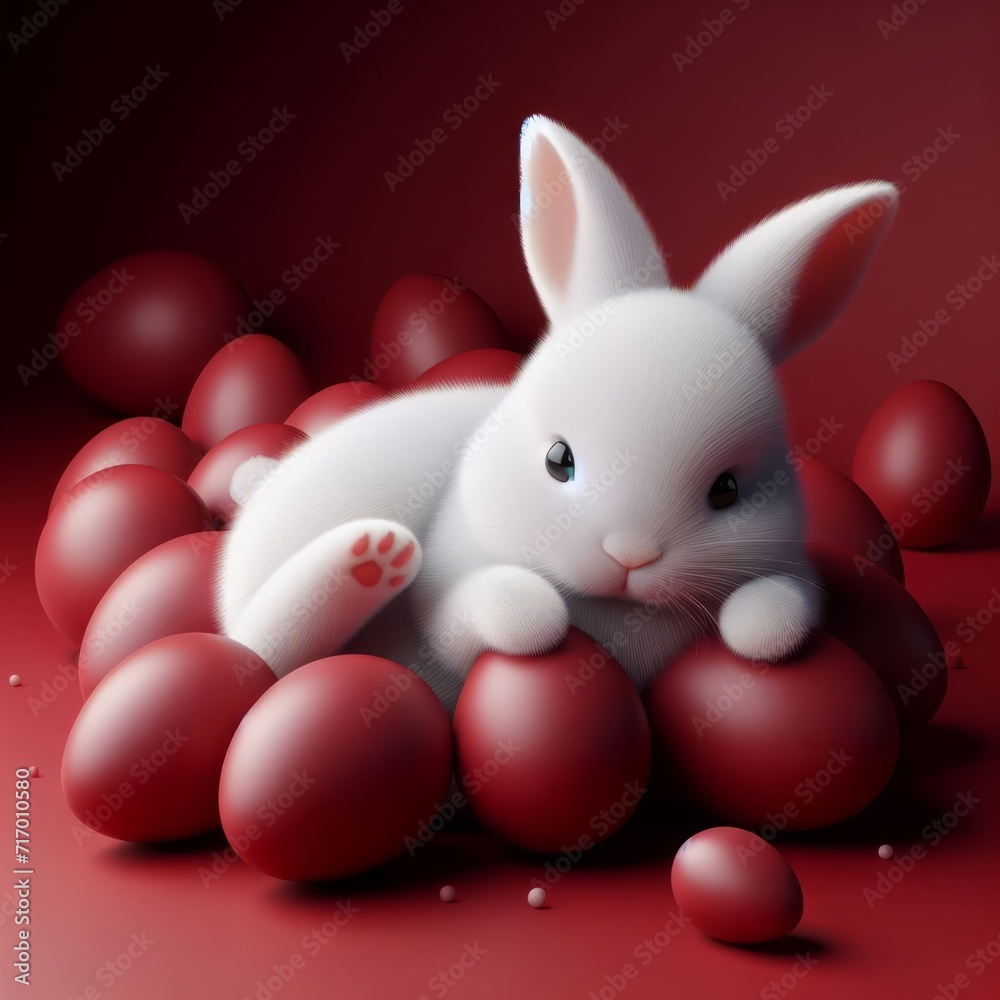 Cute fluffy white Easter bunny is lying among the eggs on a dark red background. Easter holiday concept in minimalism style. Fashion monochromatic composition. Copy space for design. Cute fluffy white Easter bunny is lying among the eggs on a dark red background. Easter holiday concept in minimalism style. Fashion monochromatic composition. Copy space for design.