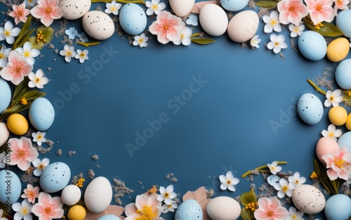 Easter eggs, nests and flowers background