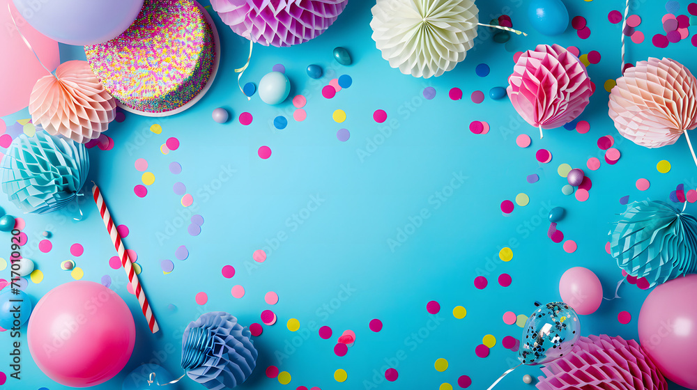 Blue Table Adorned With Balloons and Confetti Blue Table Adorned With Balloons and Confetti