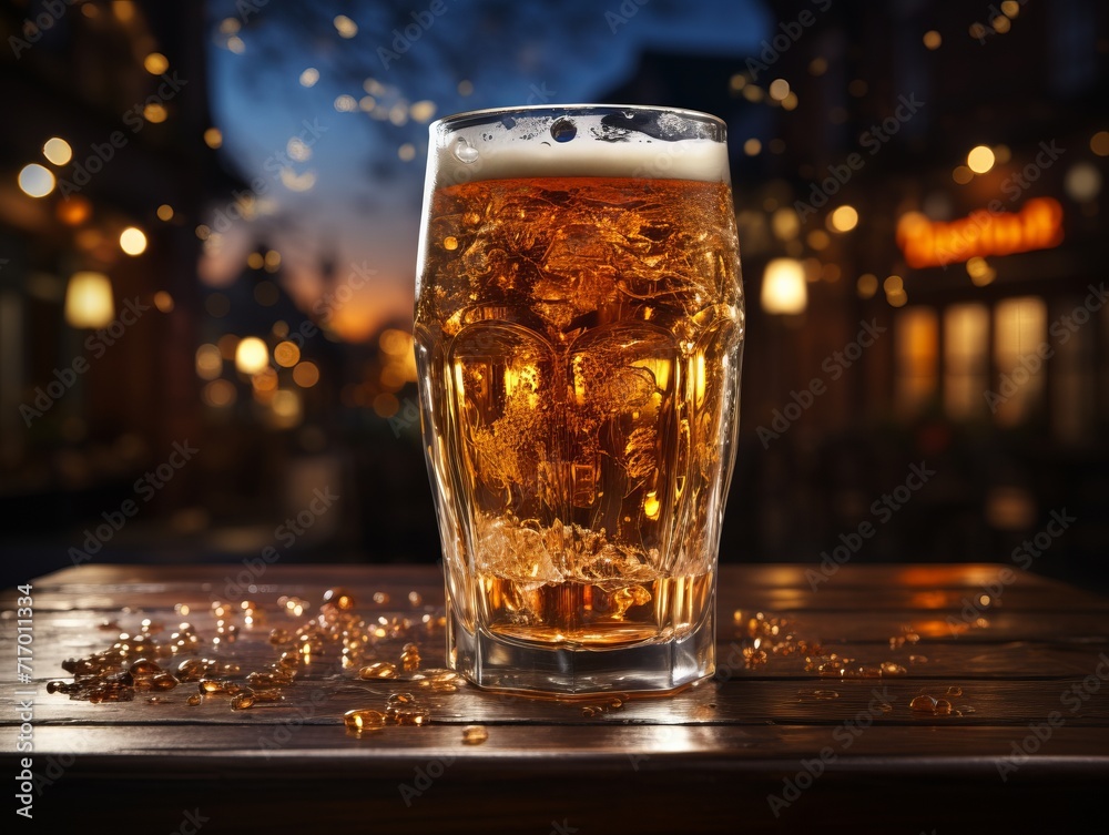 Glass of beer on wooden table in pub closeup. Glass of beer on wooden table in pub closeup.