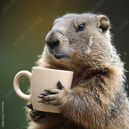 groundhog with cup of coffee photo