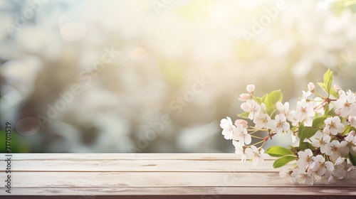 Spring background with white blossoms and white wooden table flooring. Banner with copy space