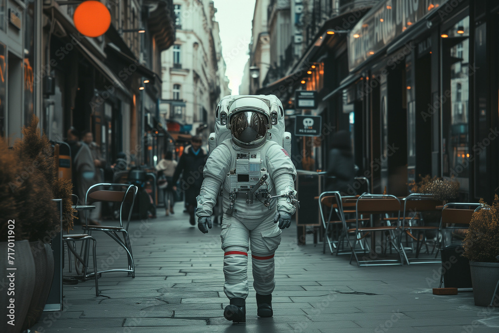 human in a space suit walkking in a old city human in a space suit walkking in a old city