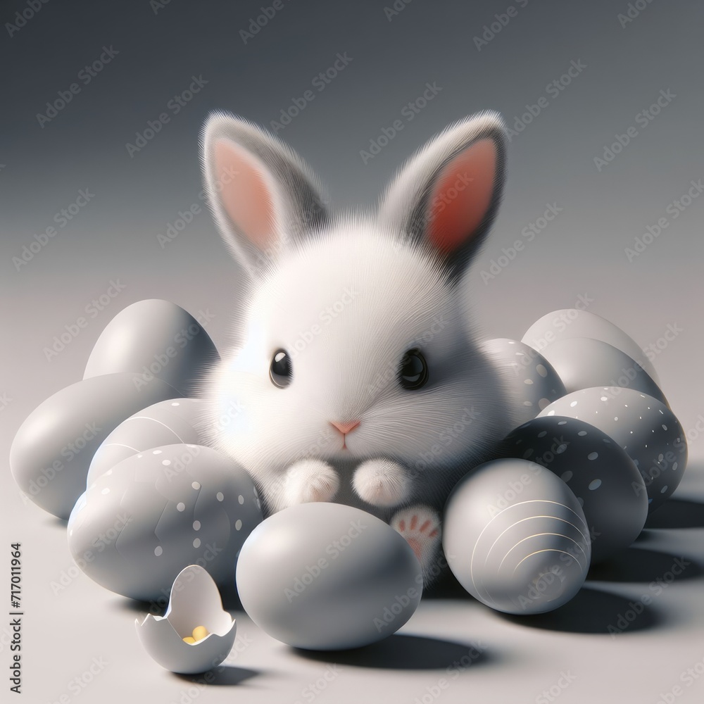 Cute fluffy white Easter bunny is lying among the eggs on a pastel purple background. Easter holiday concept in minimalism style. Fashion monochromatic   composition. Copy space for design.