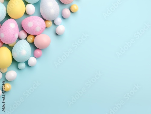 Easter Eggs Bunny and Flowers background with Copy Space