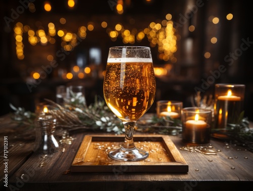 Glass of beer on wooden table in pub closeup.