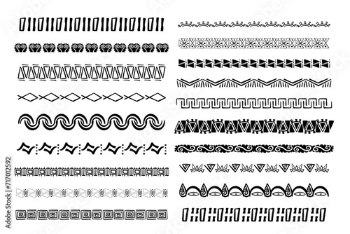 Set aztec tribal motive border in doodle hand drawn style from geometrical shapes isolated on white background. boho scandinavian srtoke, traditional native decor. photo