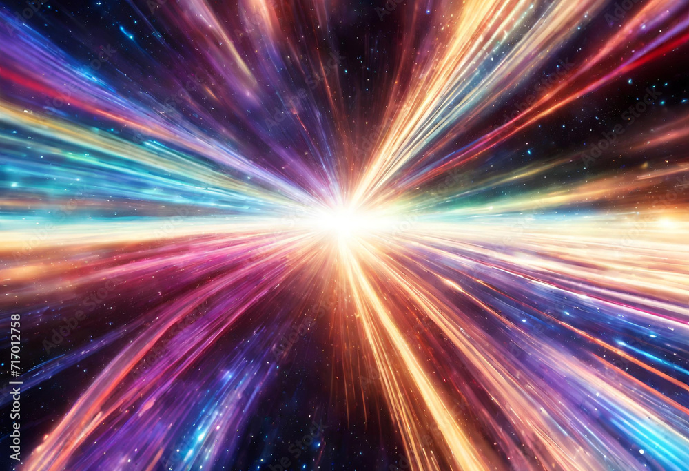 Journey Beyond: Light Speed, Hyperspace, and Space Warp Background with Colorful Streaks of Light Converging Towards the Event Horizon