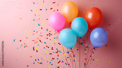 Colorful Balloons and Confetti on Pink Background