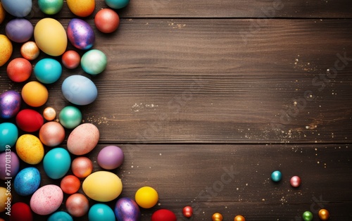 Easter eggs in the nests and spring flower background with Copy Space