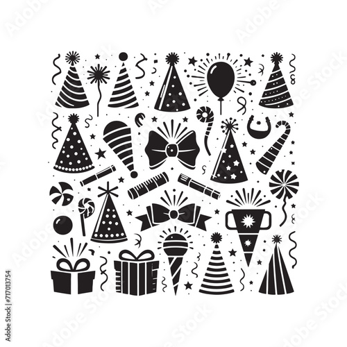 Rhythmic Revelry: Silhouetted Party Hat and Noise Maker Illustration Creating a Joyful Rhythm of Celebration - Party Hat and Noise Maker Illustration - Noise Maker Vector
