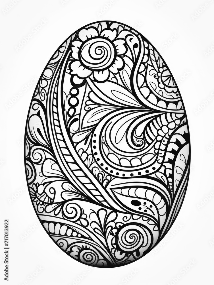 Easy Cute coloring book page of Easter egg with ornate pattern design, monochrome, thick and thin black lines, on white background. Concept  of symbol and celebration of Easter holiday. Copy space.