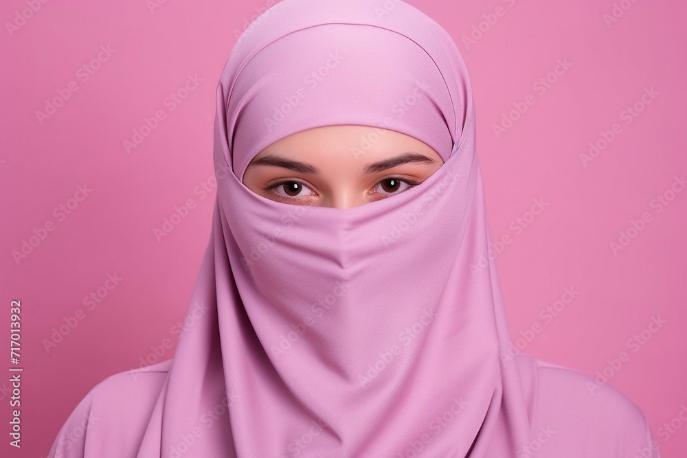 Portrait of a Person in a Pink Hijab Against a Soft Pink Background Portrait of a Person in a Pink Hijab Against a Soft Pink Background