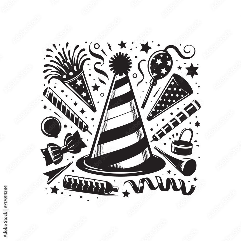Radiant Revelry: Silhouetted Party Hat and Noise Maker Illustration Illuminating the Atmosphere of Celebration - Party Hat and Noise Maker Illustration - Noise Maker Vector
