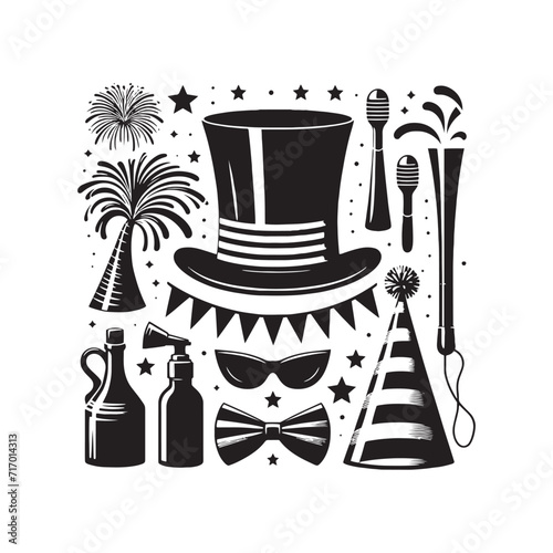 Vibrant Soiree: Silhouetted Party Hat and Noise Maker Illustration Setting the Stage for a Colorful Celebration - Party Hat and Noise Maker Illustration - Noise Maker Vector

