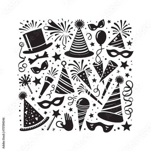 Joyful Silhouettes: Party Hat and Noise Maker Set Spreading Happiness Through Silhouetted Revelry - Party Hat and Noise Maker Illustration - Noise Maker Vector
