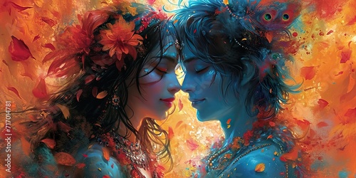 minimalistic design krishna and radha in love, the extreme right third of an image, on the extreme right third of an image, space for text, hyper-detailed, Cinematic photo