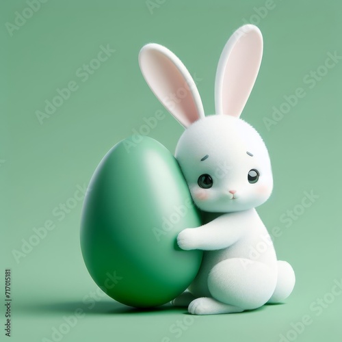 Cute fluffy white Easter bunny hugs a green egg on a green background. Easter holiday concept in minimalism style. Fashion monochromatic   composition. Copy space for design.