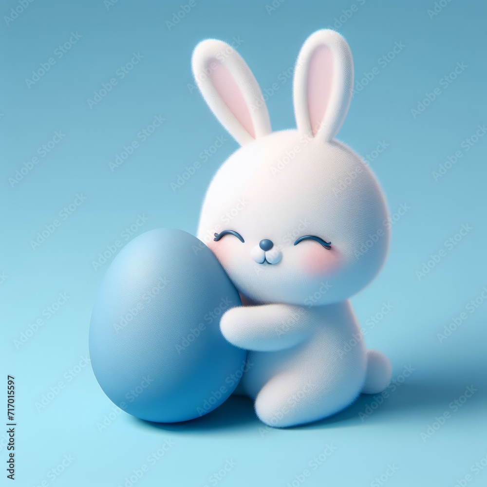 Cute fluffy white Easter bunny hugs a blue egg on a pastel blue background. Easter holiday concept in minimalism style. Fashion monochromatic composition. Copy space for design. Cute fluffy white Easter bunny hugs a blue egg on a pastel blue background. Easter holiday concept in minimalism style. Fashion monochromatic composition. Copy space for design.
