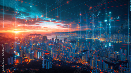 Digital Metropolis: Futuristic Cityscape with Technological Connectivity and Networking