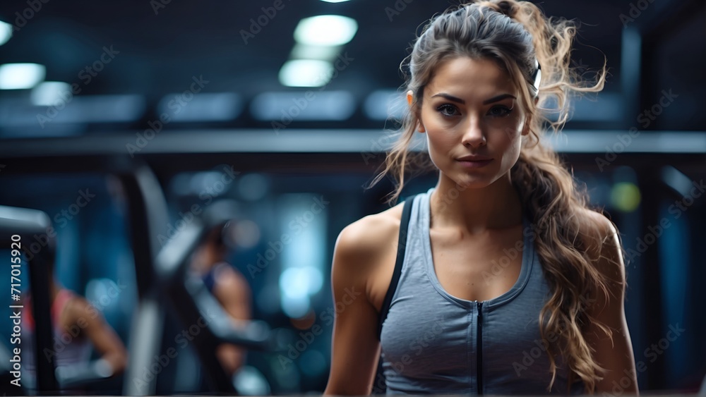 A woman exudes determination and focus as she strides confidently on a treadmill, bathed in warm cinematic lighting. Sweat glistens on her skin, a testament to her effort.