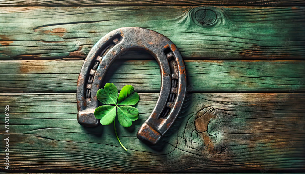 Old horseshoe,with clover leaf icons of Irish Patrick's day and good luck Old horseshoe,with clover leaf icons of Irish Patrick's day and good luck