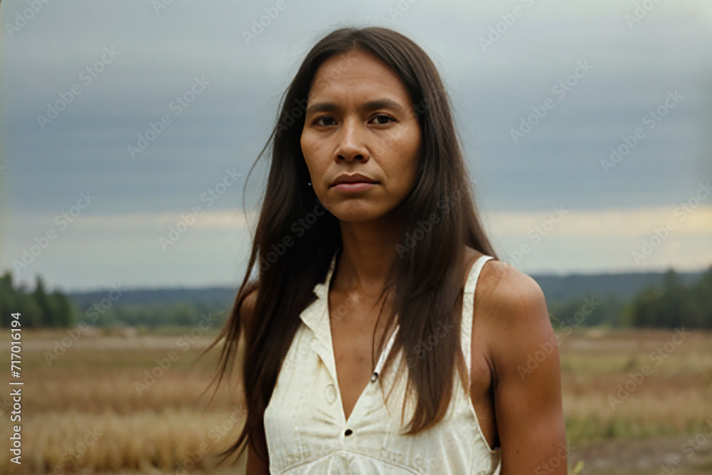 portrait of a woman standing outdoors in a meadowy grass field in the midwest United States