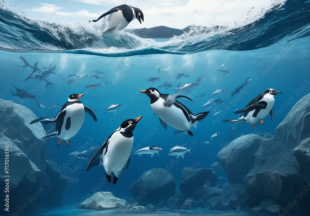 Obraz premium A couple of penguins swimming in the ocean with