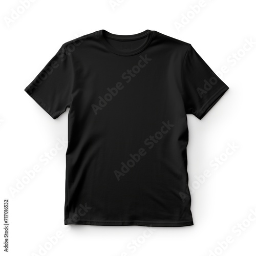 Black colour round neck t-shirt, front view isolated on a white background