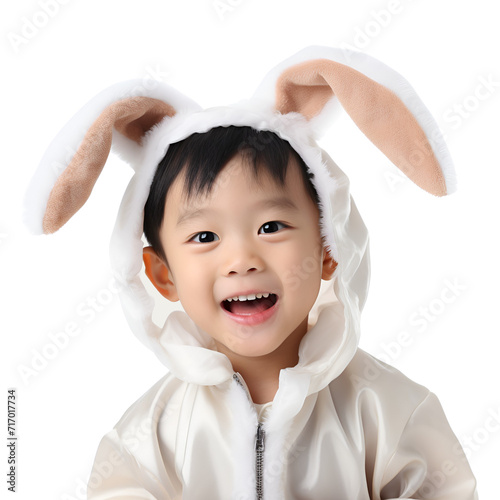 Cheerful young Asian boy dressed up in an Easter bunny attire, Isolated on Transparent Background, PNG
