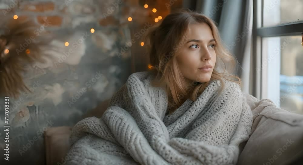 Young Woman Dreaming by Window. Generative AI