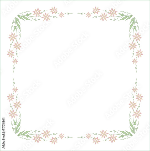 Green floral frame with leaves and pink flowers, decorative corners for greeting cards, banners, business cards, invitations, menus. Isolated vector illustration. 