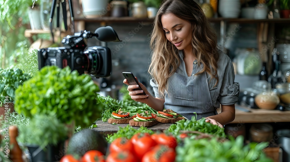 A female blogger is recording herself with a camera while making a avocado toast. AI generate illustration