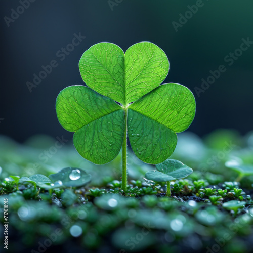 Three leaf clover growing in green grass with bokeh background.