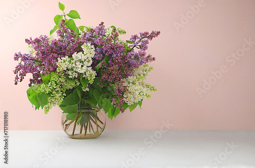 Abstract flower arrangement, home interior with beautiful spring lilac branches in a vase, banner, still life with space for text, floral holiday card