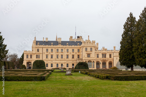 Lednice Chateau with gardens and parks on cloudy day