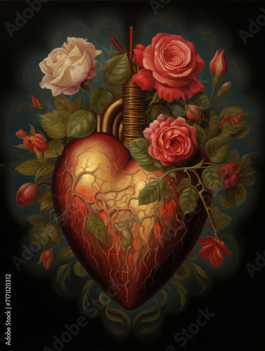 Flaming Heart Amidst Roses - Baroque Inspired Artwork