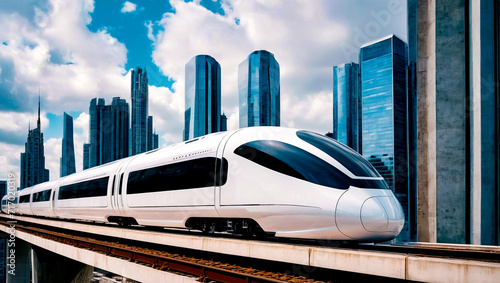 High speed train on track in front of cityscape.