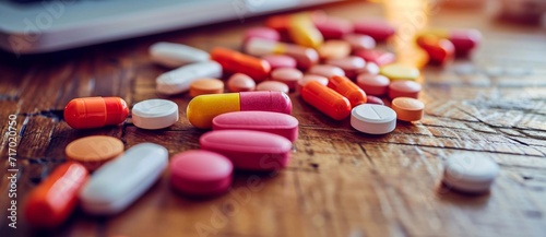 A colorful array of pharmaceutical drugs, from analgesics to nutraceuticals, lay scattered on the table like a tempting bowl of candy in a pharmacy, highlighting the growing dependence on prescriptio photo