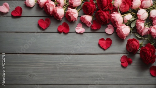 red roses and heart shapes on wooden background/Valentines day background concept, copy space